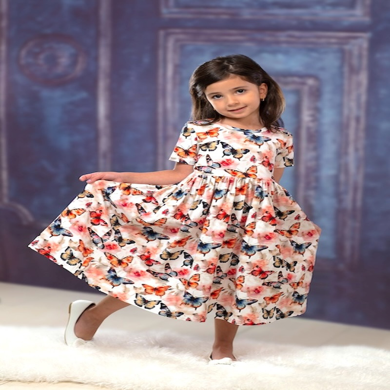 Butterfly Design Organic Cotton Girls Twirl Dress 2Y-10Y short sleeve 